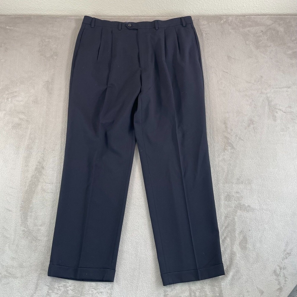 Vintage Lauren Ralph Lauren Pants Men 40x32 Black 100% Wool Pleated Cuffed Lined